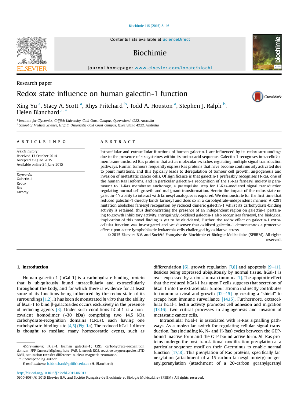 Redox state influence on human galectin-1 function