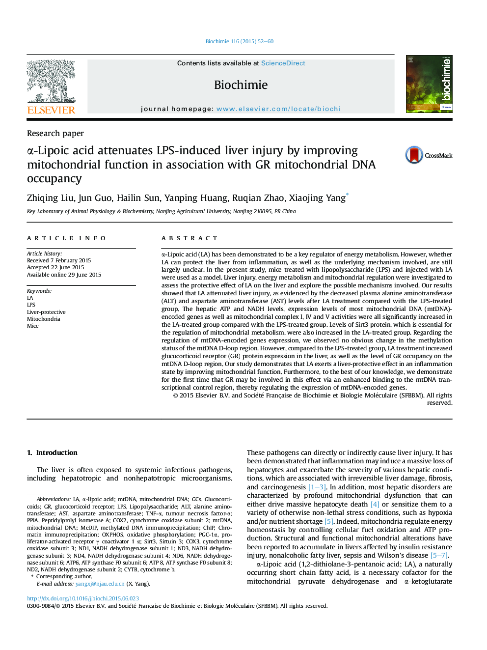 α-Lipoic acid attenuates LPS-induced liver injury by improving mitochondrial function in association with GR mitochondrial DNA occupancy