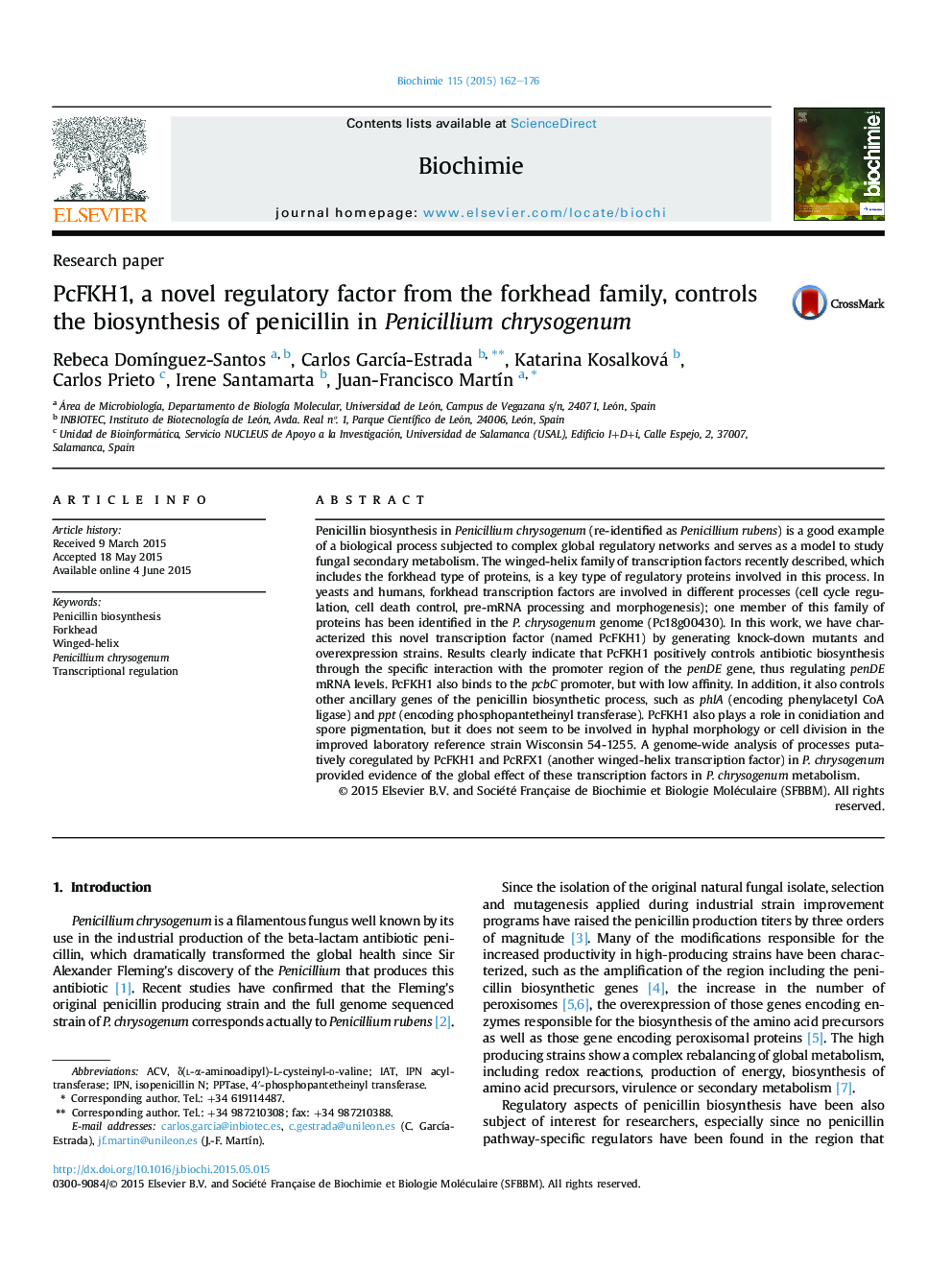 PcFKH1, a novel regulatory factor from the forkhead family, controls the biosynthesis of penicillin in Penicillium chrysogenum