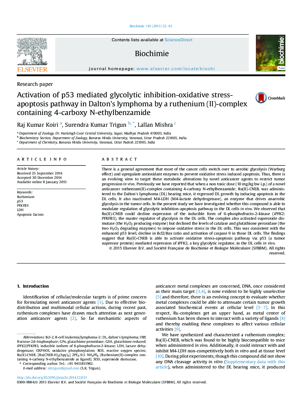 Activation of p53 mediated glycolytic inhibition-oxidative stress-apoptosis pathway in Dalton's lymphoma by a ruthenium (II)-complex containing 4-carboxy N-ethylbenzamide