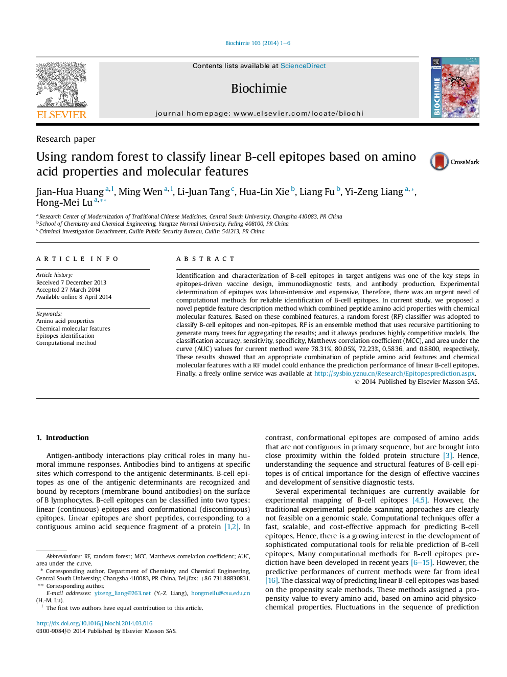 Using random forest to classify linear B-cell epitopes based on amino acid properties and molecular features