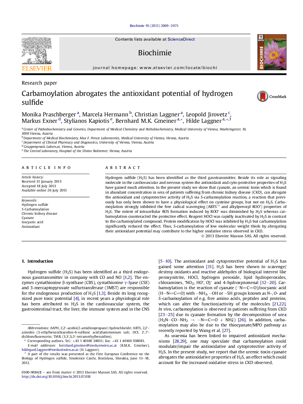 Carbamoylation abrogates the antioxidant potential of hydrogen sulfide