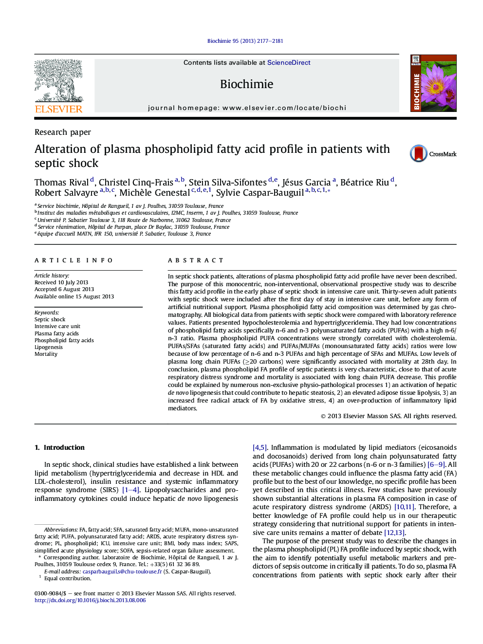 Alteration of plasma phospholipid fatty acid profile in patients with septic shock