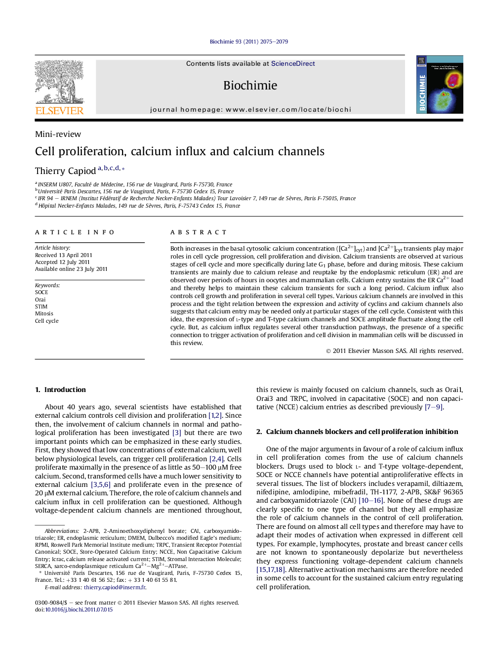 Cell proliferation, calcium influx and calcium channels