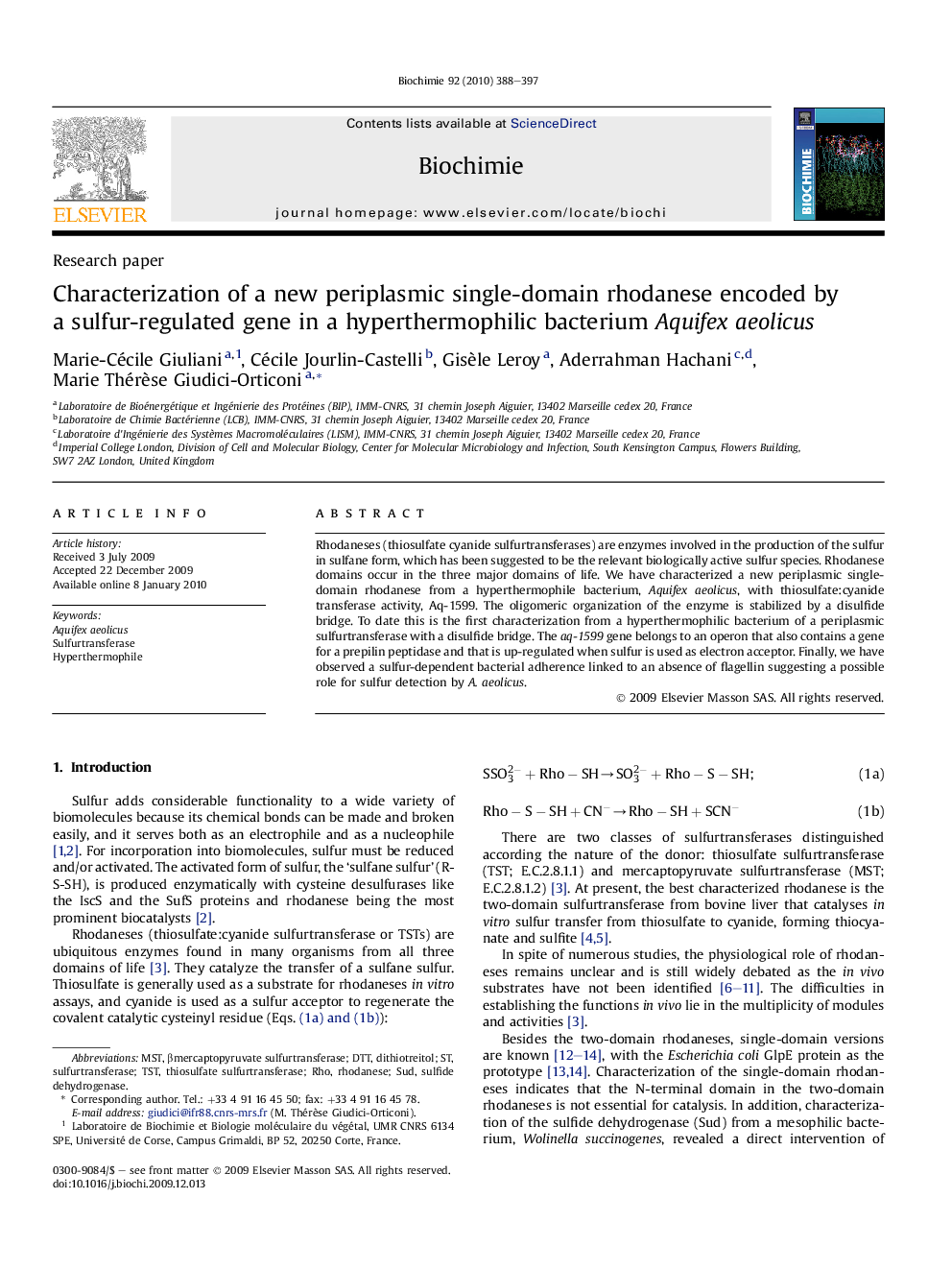 Characterization of a new periplasmic single-domain rhodanese encoded by a sulfur-regulated gene in a hyperthermophilic bacterium Aquifex aeolicus