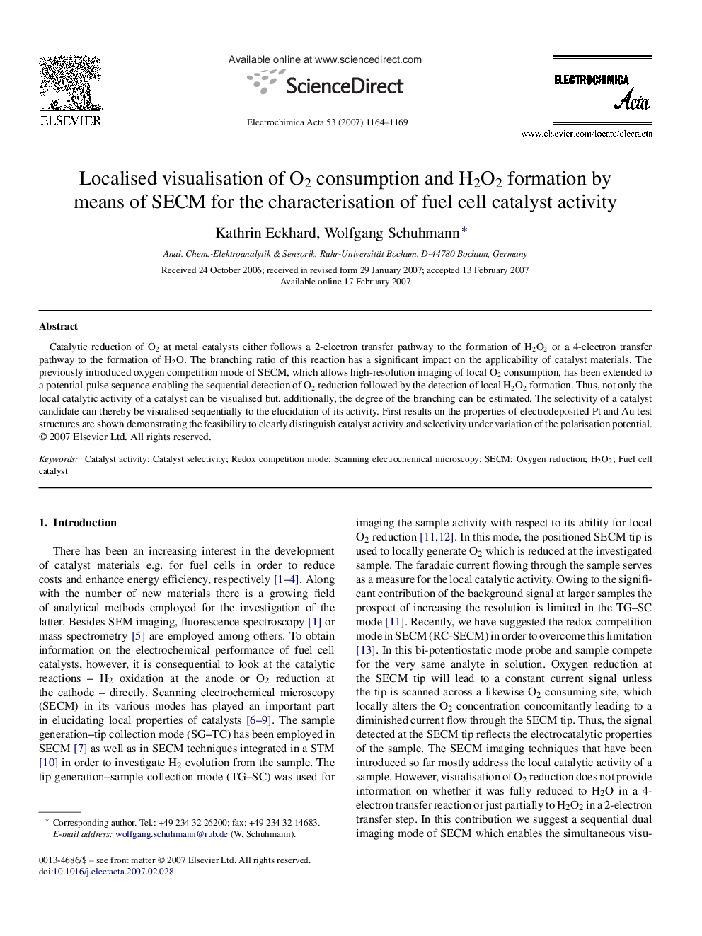 Localised visualisation of O2 consumption and H2O2 formation by means of SECM for the characterisation of fuel cell catalyst activity