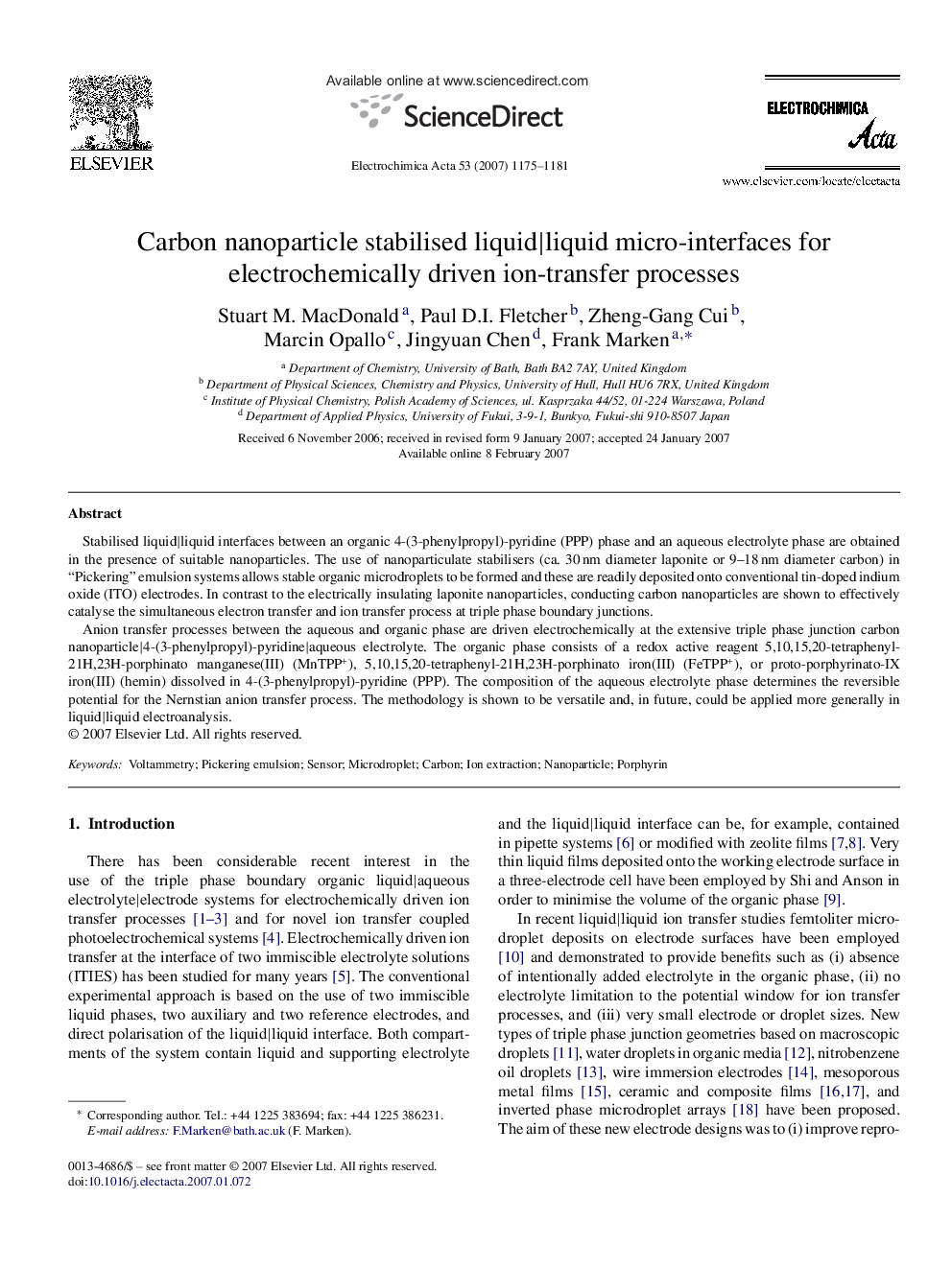 Carbon nanoparticle stabilised liquid|liquid micro-interfaces for electrochemically driven ion-transfer processes