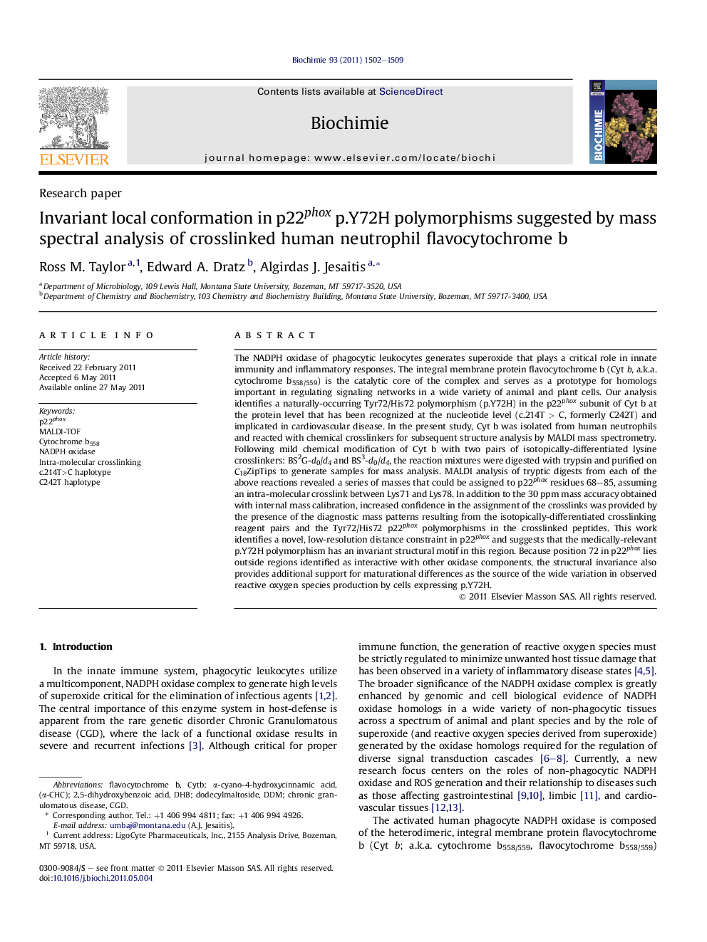 Invariant local conformation in p22phox p.Y72H polymorphisms suggested by mass spectral analysis of crosslinked human neutrophil flavocytochrome b