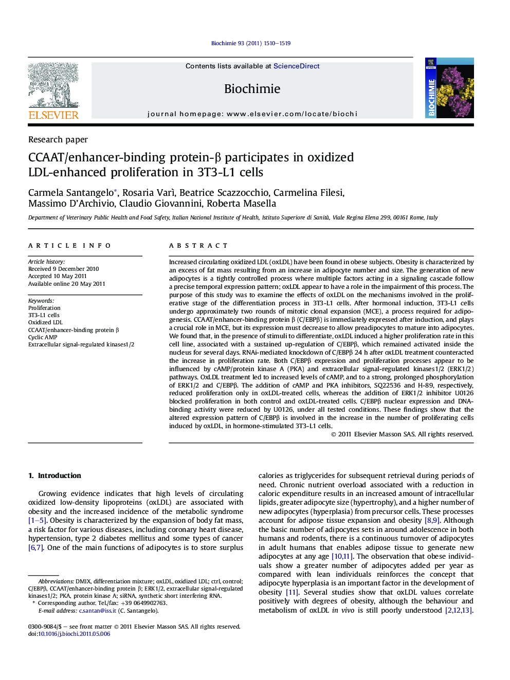 CCAAT/enhancer-binding protein-β participates in oxidized LDL-enhanced proliferation in 3T3-L1 cells