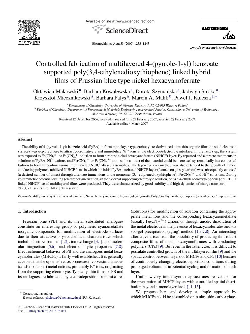 Controlled fabrication of multilayered 4-(pyrrole-1-yl) benzoate supported poly(3,4-ethylenedioxythiophene) linked hybrid films of Prussian blue type nickel hexacyanoferrate