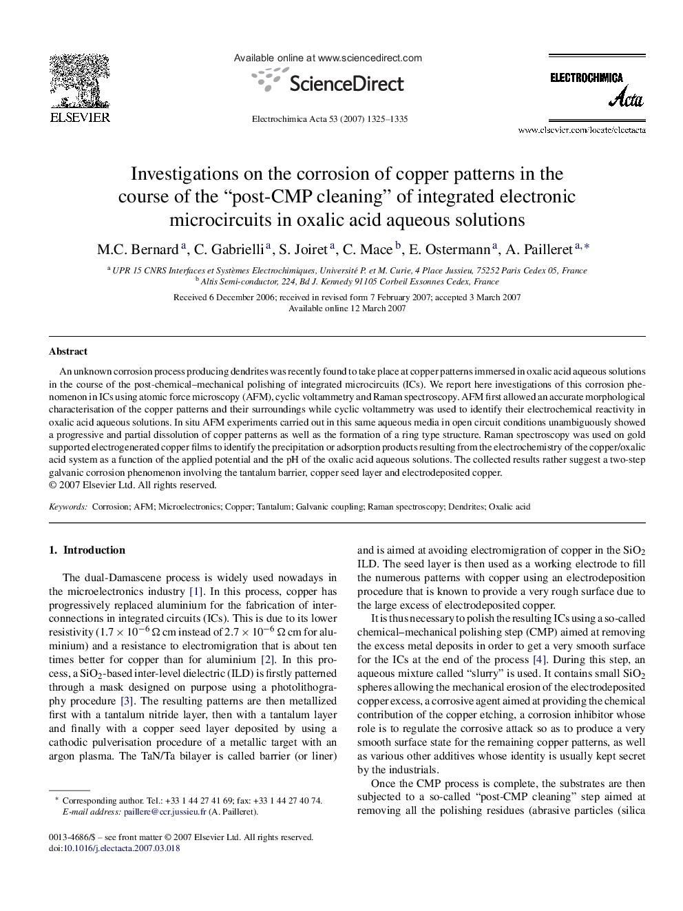 Investigations on the corrosion of copper patterns in the course of the “post-CMP cleaning” of integrated electronic microcircuits in oxalic acid aqueous solutions