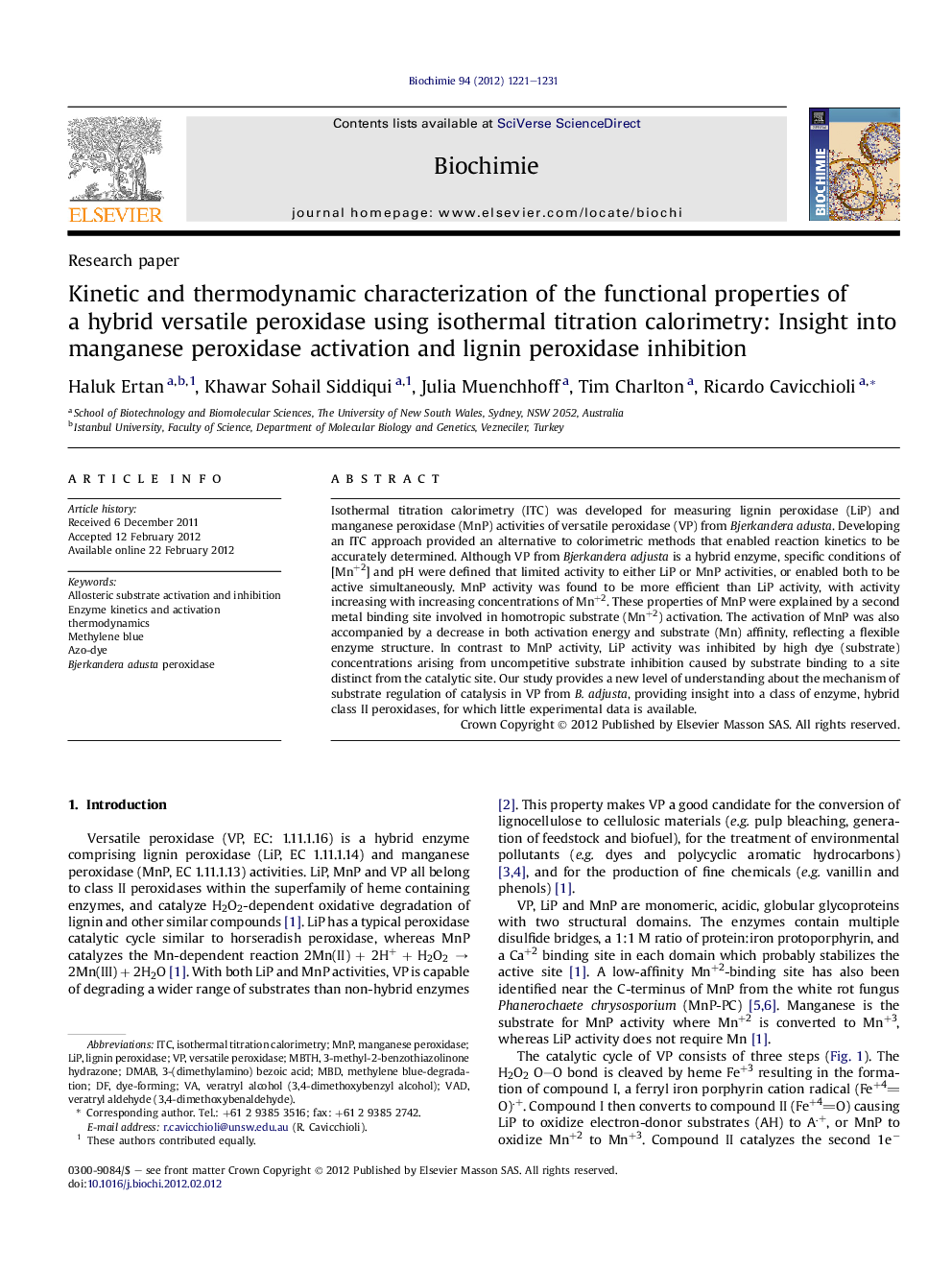 Kinetic and thermodynamic characterization of the functional properties of a hybrid versatile peroxidase using isothermal titration calorimetry: Insight into manganese peroxidase activation and lignin peroxidase inhibition