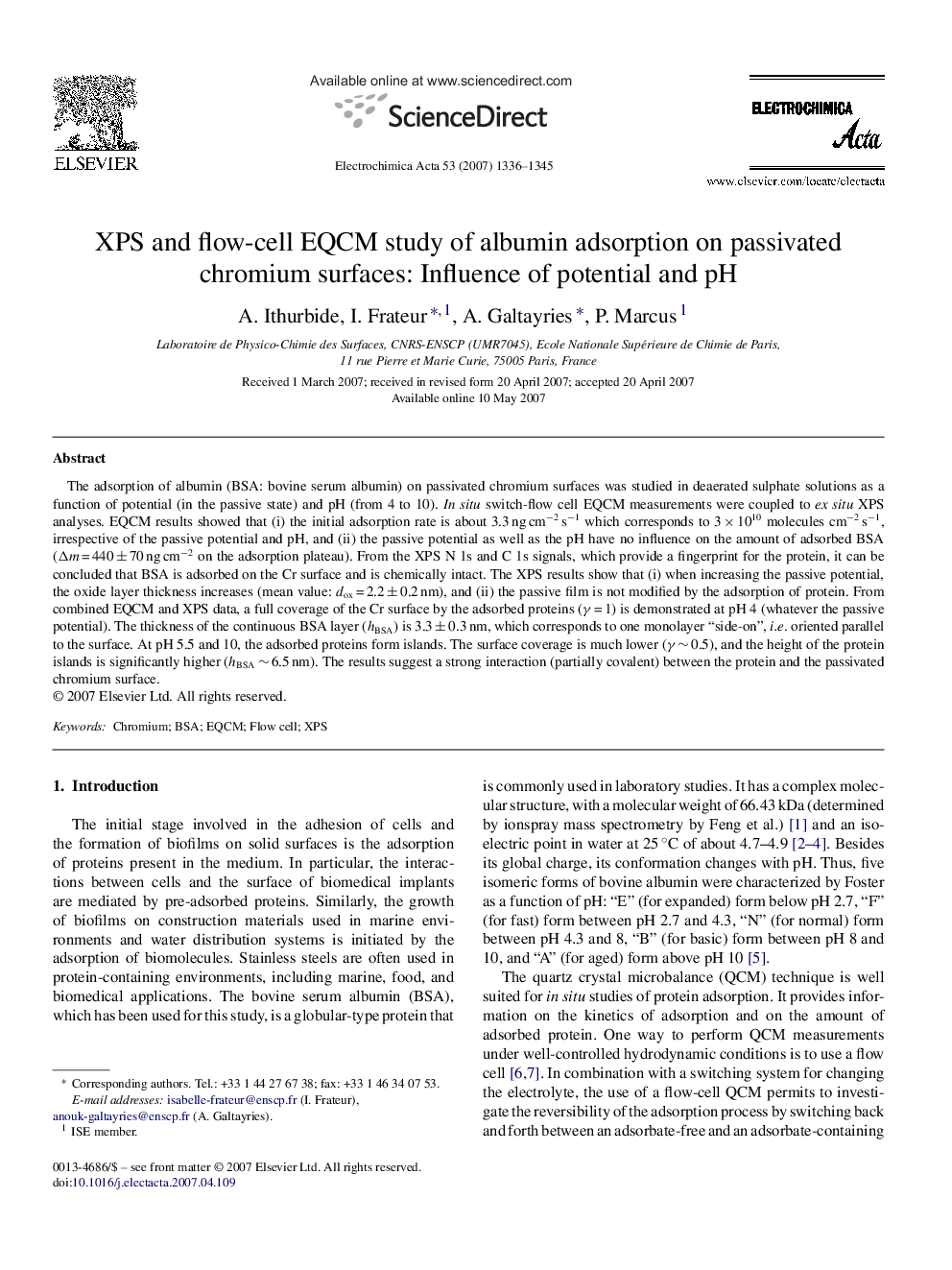 XPS and flow-cell EQCM study of albumin adsorption on passivated chromium surfaces: Influence of potential and pH