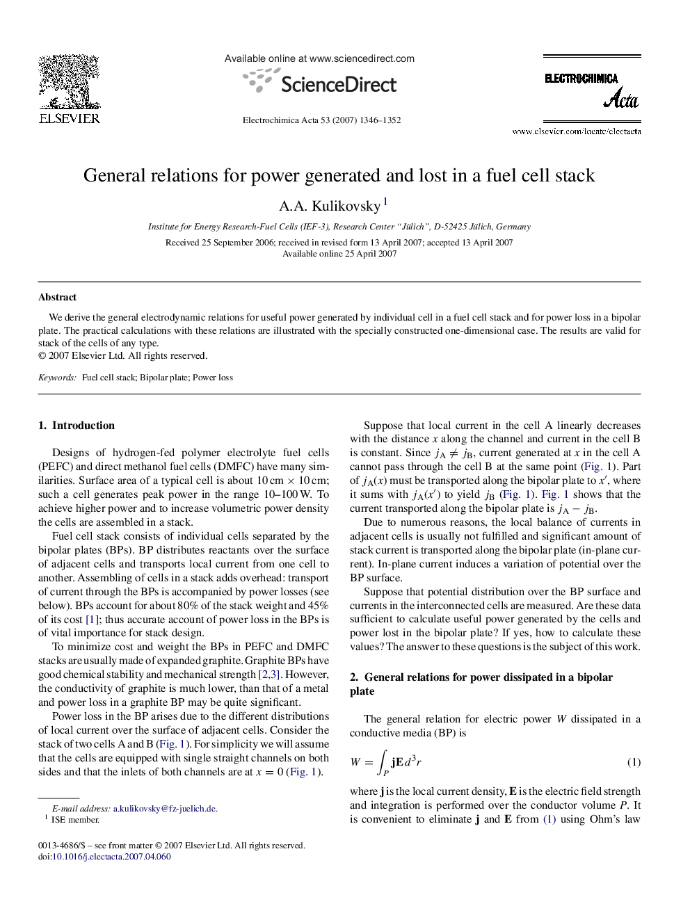 General relations for power generated and lost in a fuel cell stack