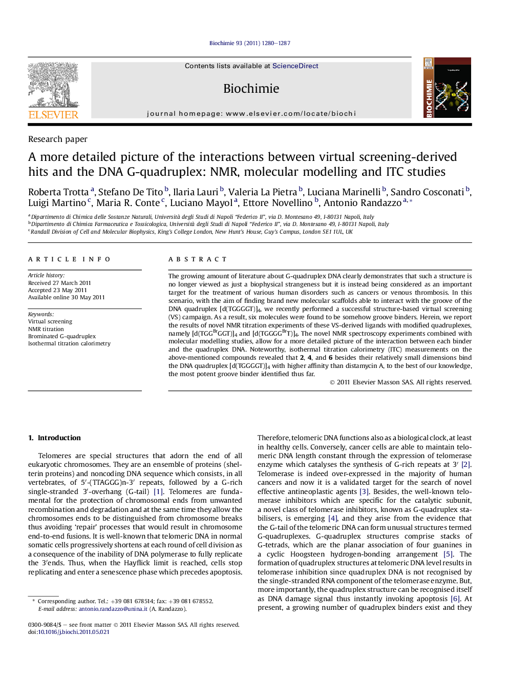 A more detailed picture of the interactions between virtual screening-derived hits and the DNA G-quadruplex: NMR, molecular modelling and ITC studies