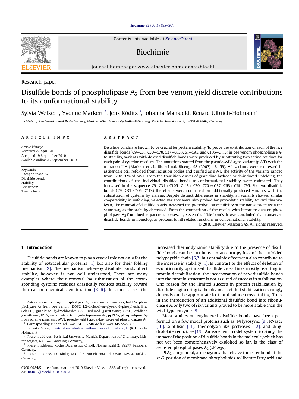 Disulfide bonds of phospholipase A2 from bee venom yield discrete contributions to its conformational stability