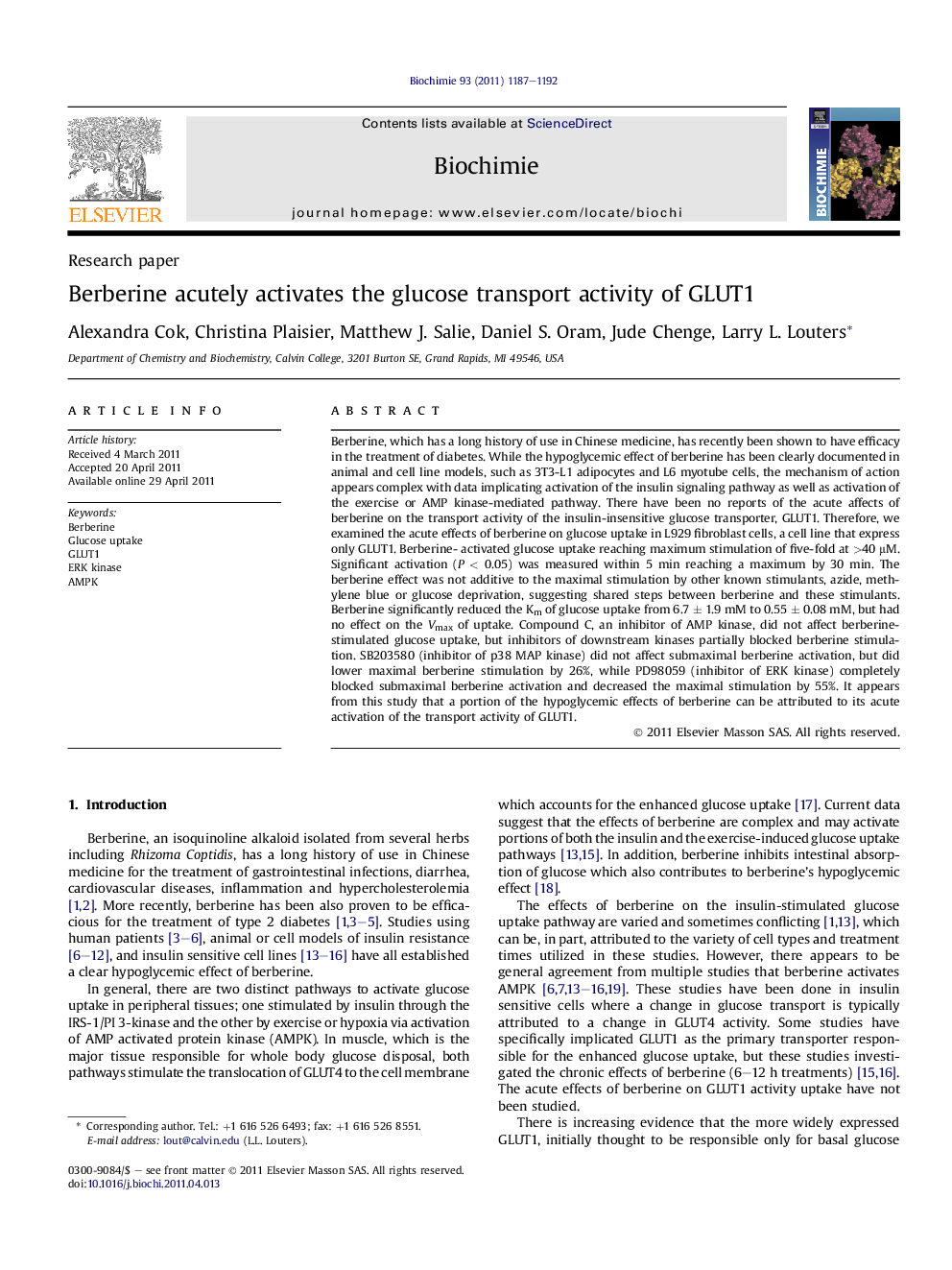 Berberine acutely activates the glucose transport activity of GLUT1