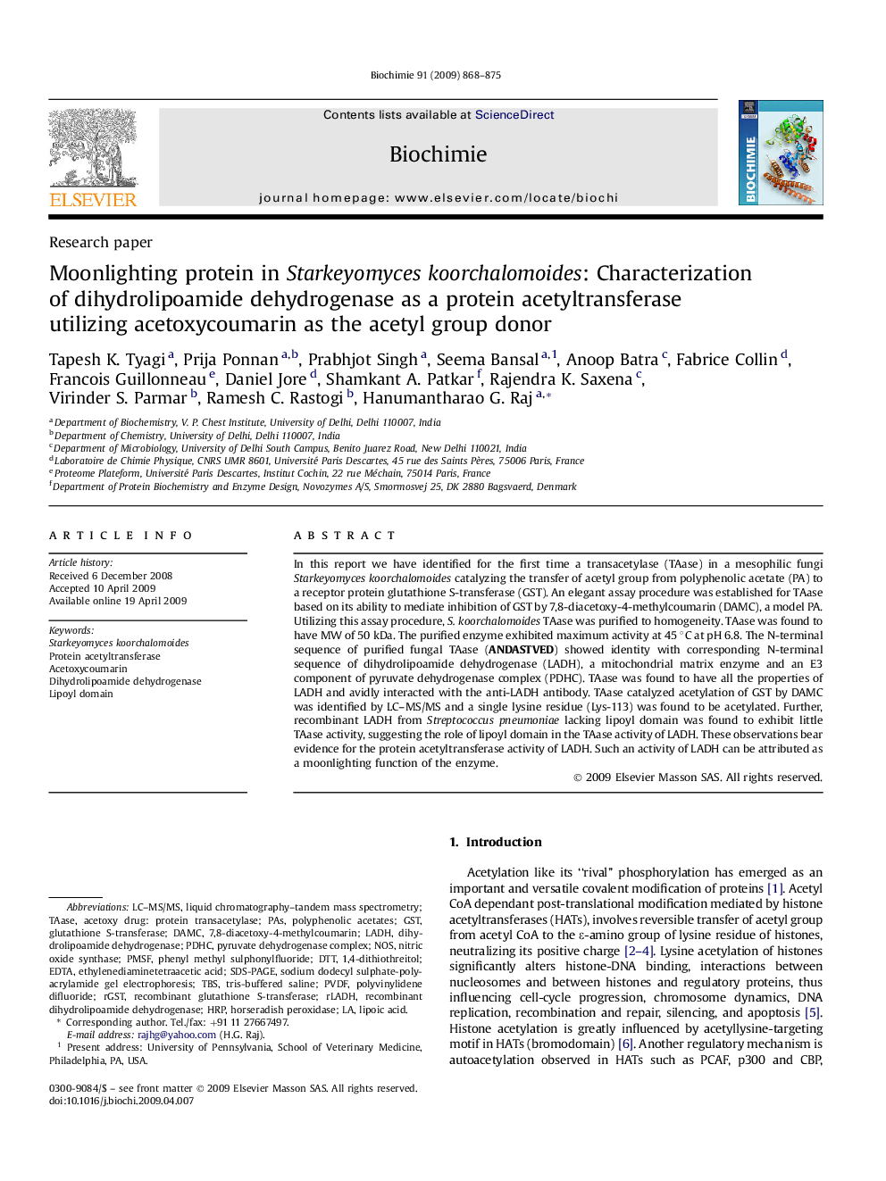 Moonlighting protein in Starkeyomyces koorchalomoides: Characterization of dihydrolipoamide dehydrogenase as a protein acetyltransferase utilizing acetoxycoumarin as the acetyl group donor