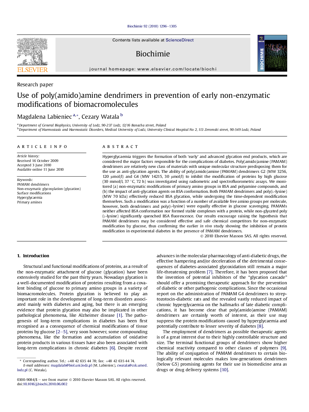 Use of poly(amido)amine dendrimers in prevention of early non-enzymatic modifications of biomacromolecules