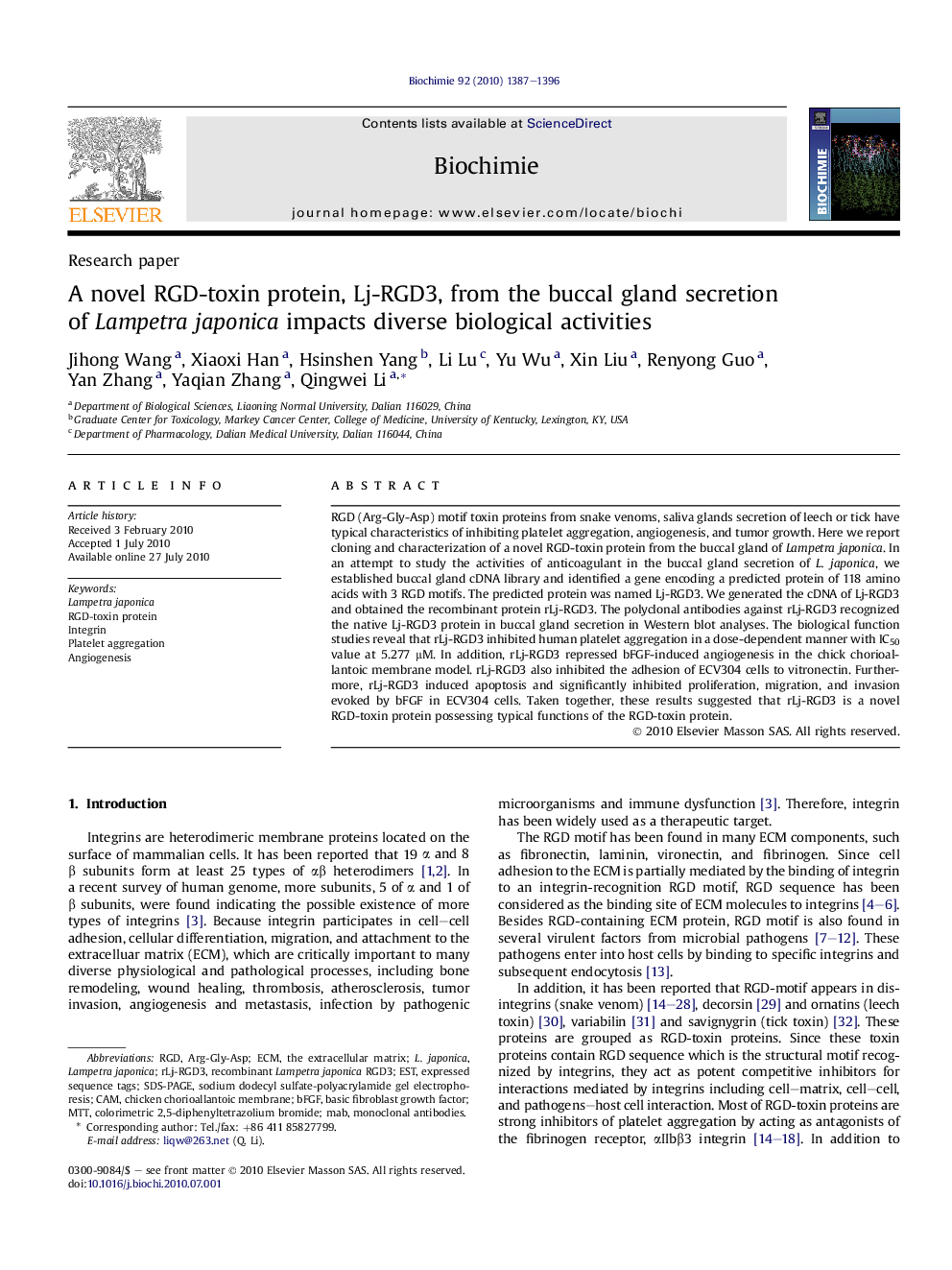 A novel RGD-toxin protein, Lj-RGD3, from the buccal gland secretion of Lampetra japonica impacts diverse biological activities