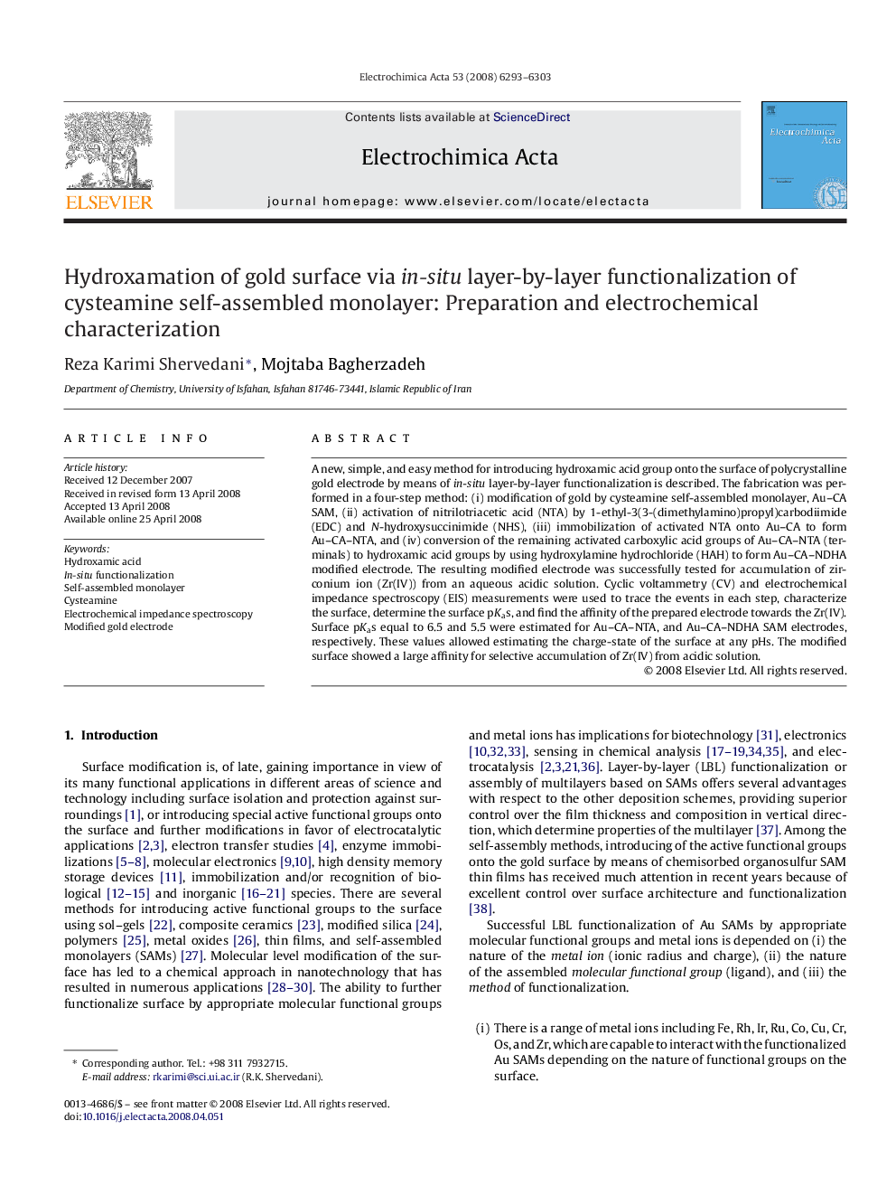 Hydroxamation of gold surface via in-situ layer-by-layer functionalization of cysteamine self-assembled monolayer: Preparation and electrochemical characterization