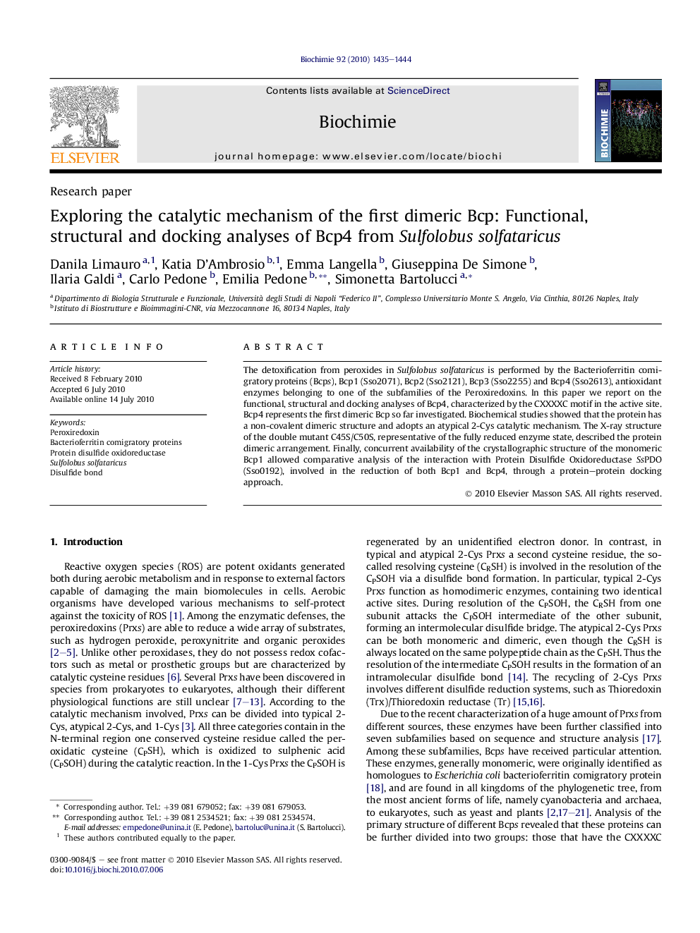 Exploring the catalytic mechanism of the first dimeric Bcp: Functional, structural and docking analyses of Bcp4 from Sulfolobus solfataricus