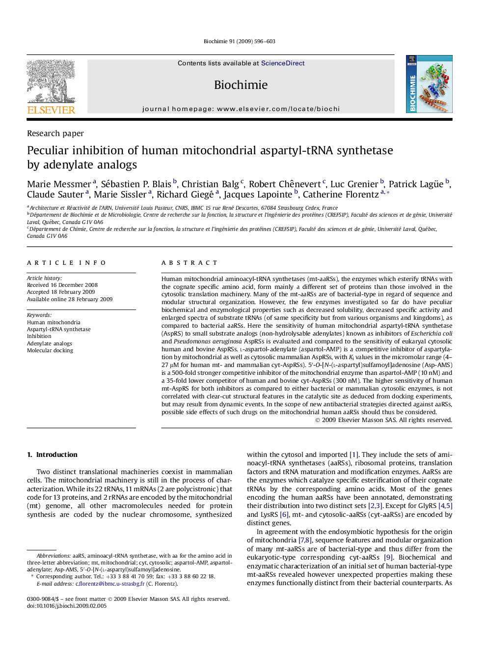 Peculiar inhibition of human mitochondrial aspartyl-tRNA synthetaseby adenylate analogs