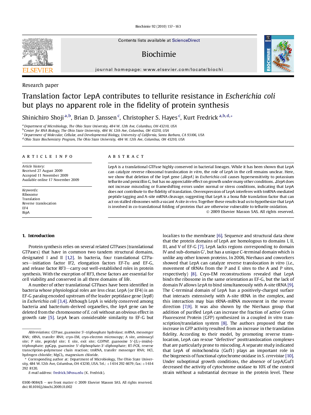 Translation factor LepA contributes to tellurite resistance in Escherichia coli but plays no apparent role in the fidelity of protein synthesis