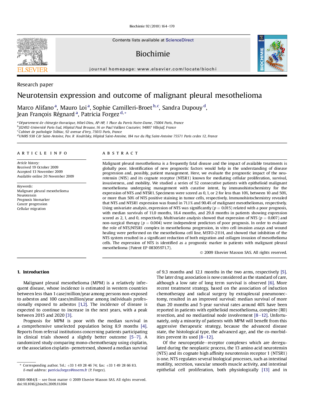 Neurotensin expression and outcome of malignant pleural mesothelioma