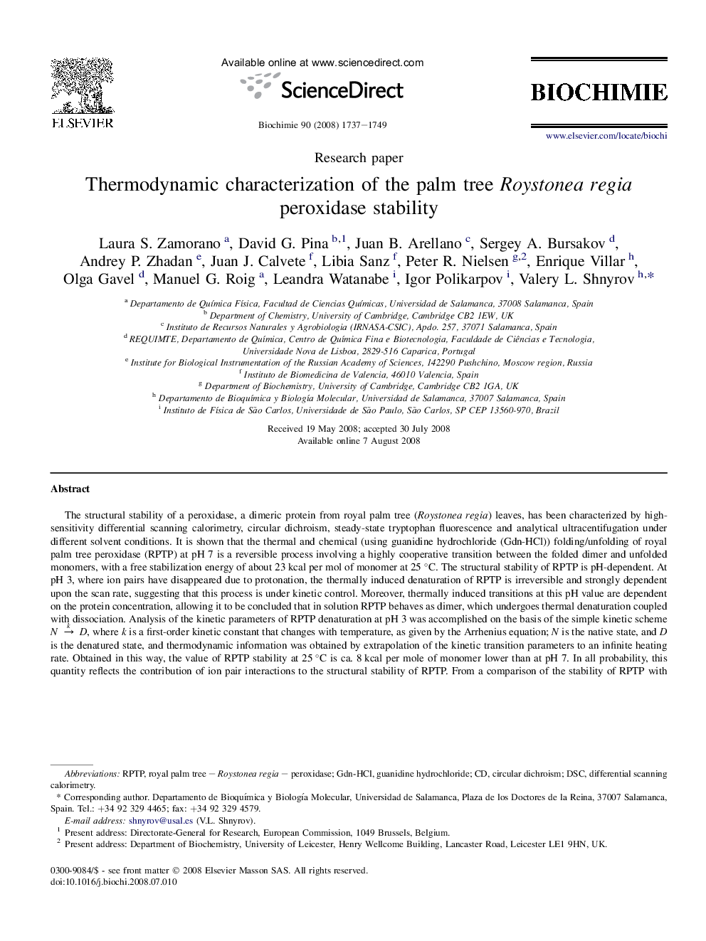 Thermodynamic characterization of the palm tree Roystonea regia peroxidase stability