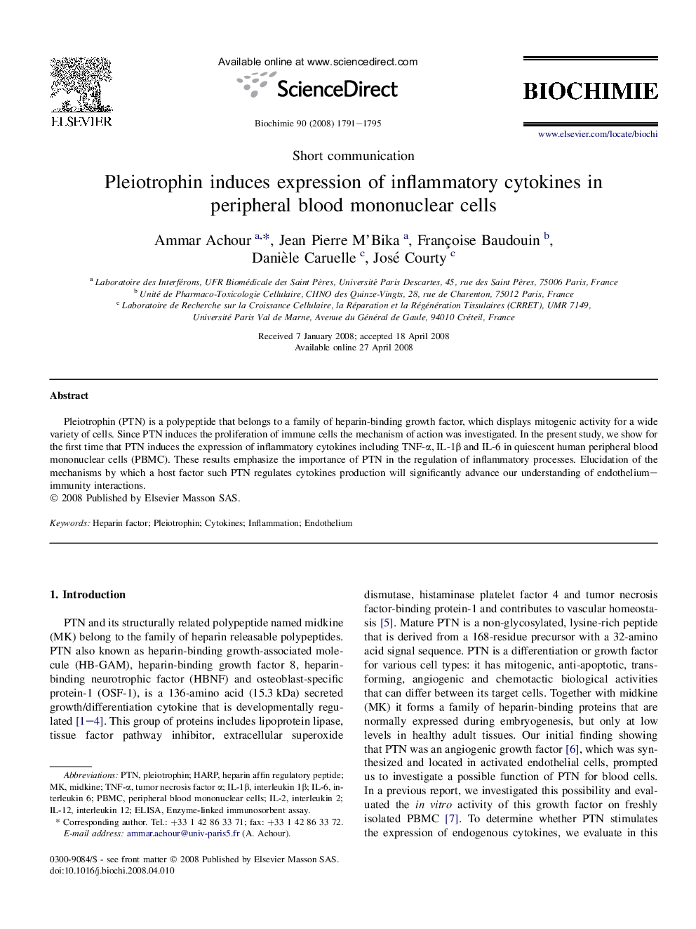 Pleiotrophin induces expression of inflammatory cytokines in peripheral blood mononuclear cells