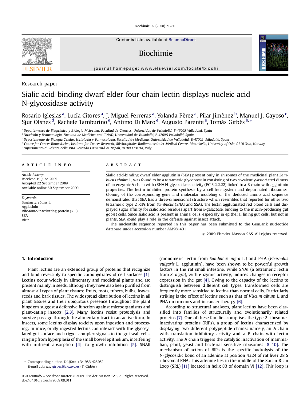 عکس صفحه اول مقاله: Sialic acid-binding dwarf elder four-chain lectin displays nucleic acid N-glycosidase activity Sialic acid-binding dwarf elder four-chain lectin displays nucleic acid N-glycosidase activity