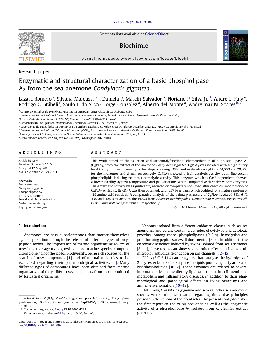 Enzymatic and structural characterization of a basic phospholipase A2 from the sea anemone Condylactis gigantea