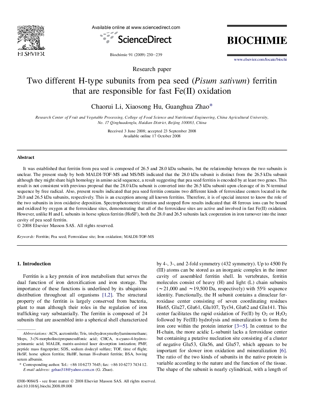 Two different H-type subunits from pea seed (Pisum sativum) ferritin that are responsible for fast Fe(II) oxidation