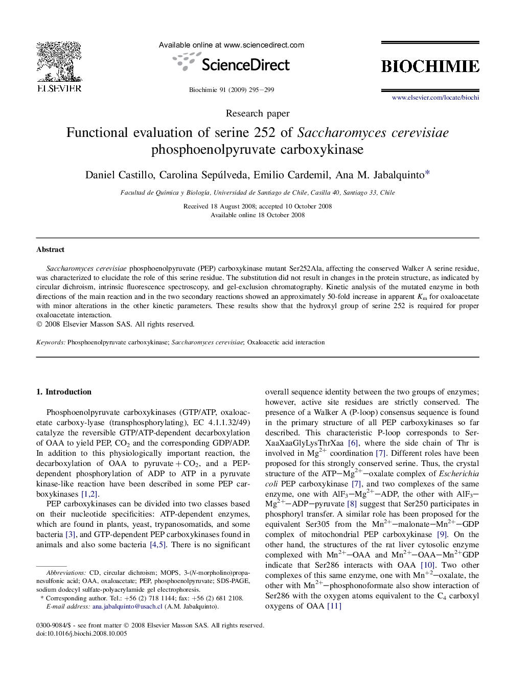 Functional evaluation of serine 252 of Saccharomyces cerevisiae phosphoenolpyruvate carboxykinase