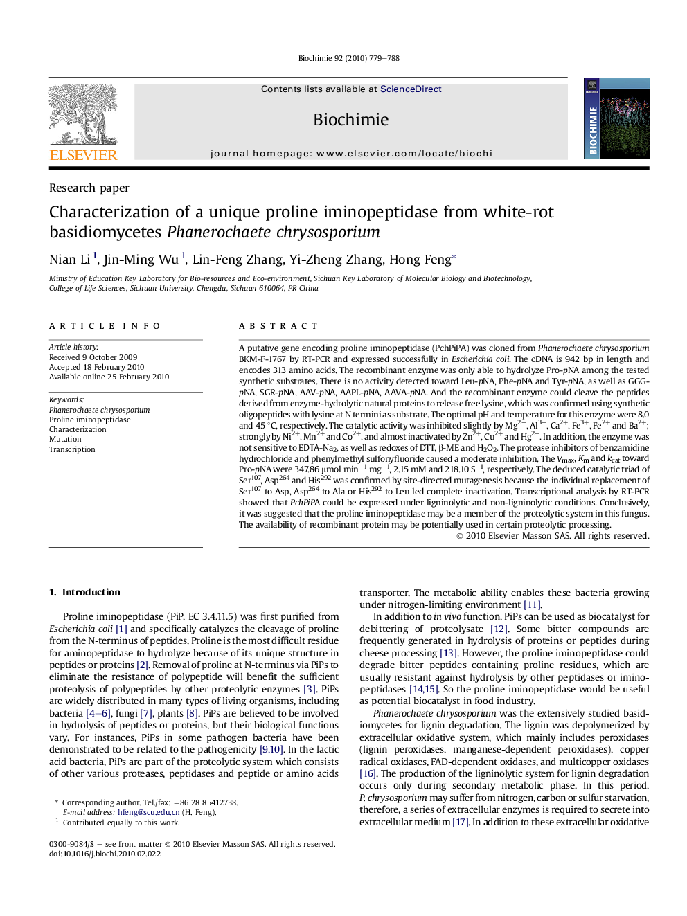 Characterization of a unique proline iminopeptidase from white-rot basidiomycetes Phanerochaete chrysosporium