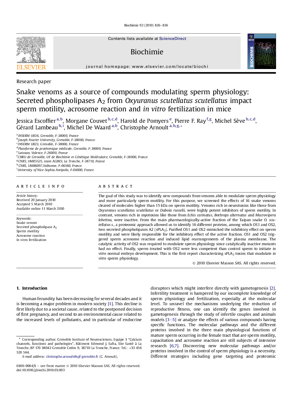 Snake venoms as a source of compounds modulating sperm physiology: Secreted phospholipases A2 from Oxyuranus scutellatus scutellatus impact sperm motility, acrosome reaction and in vitro fertilization in mice