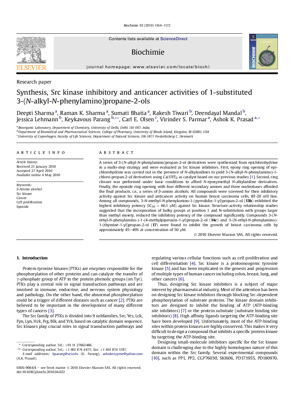 Synthesis, Src kinase inhibitory and anticancer activities of 1-substituted 3-(N-alkyl-N-phenylamino)propane-2-ols