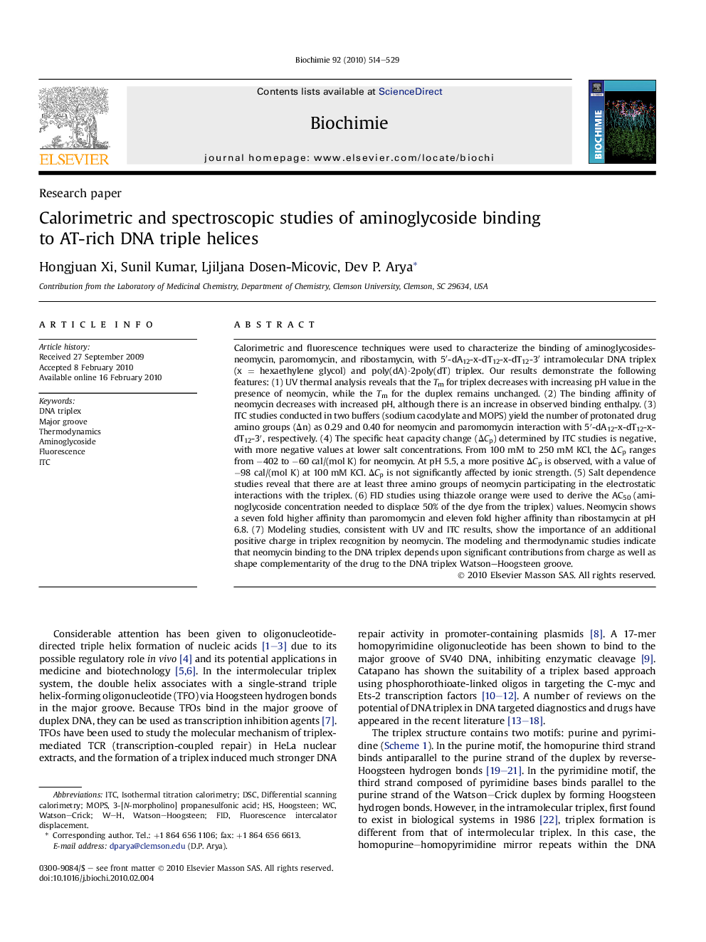 Calorimetric and spectroscopic studies of aminoglycoside binding to AT-rich DNA triple helices