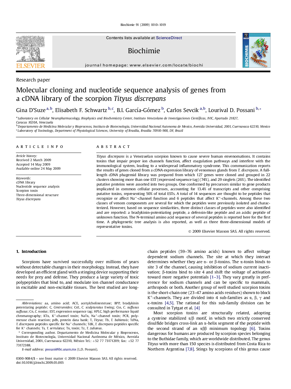 Molecular cloning and nucleotide sequence analysis of genes from a cDNA library of the scorpion Tityus discrepans