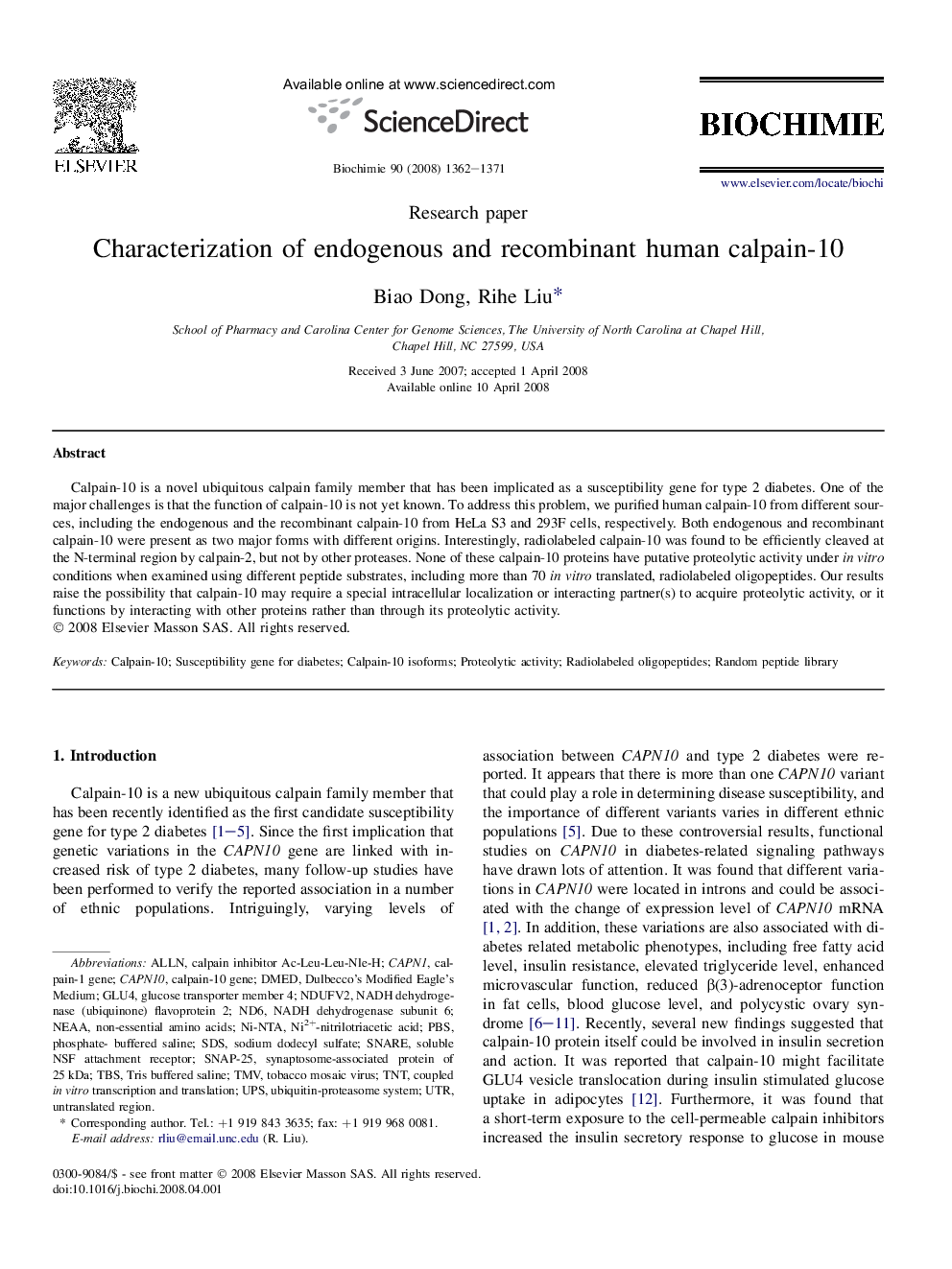 Characterization of endogenous and recombinant human calpain-10