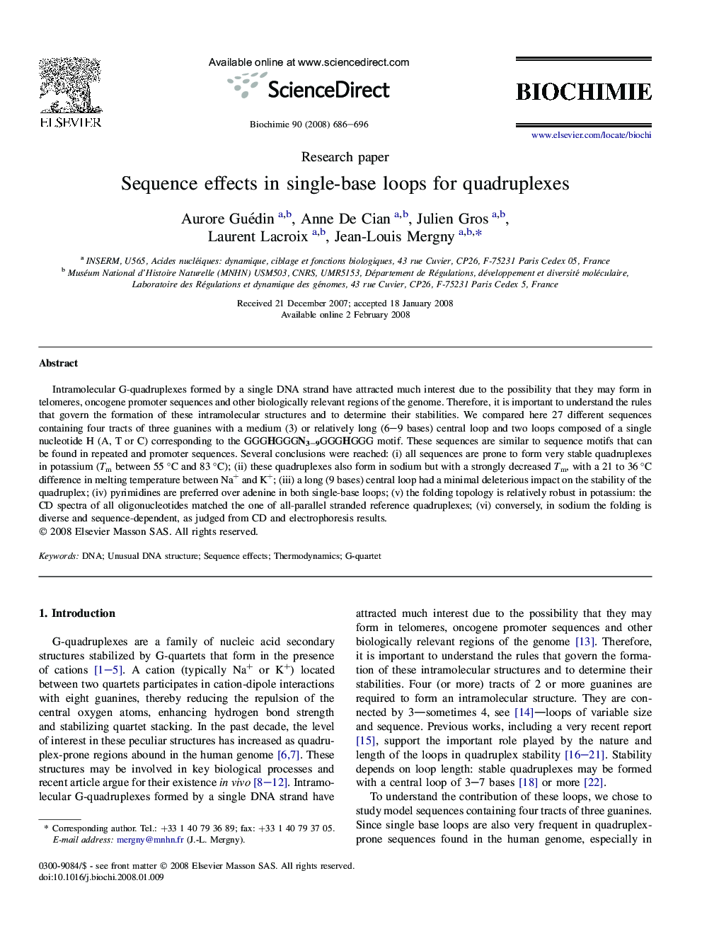 Sequence effects in single-base loops for quadruplexes