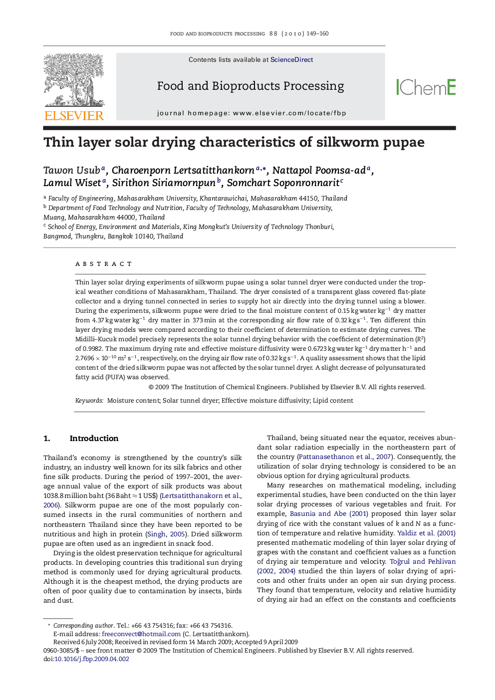 Thin layer solar drying characteristics of silkworm pupae