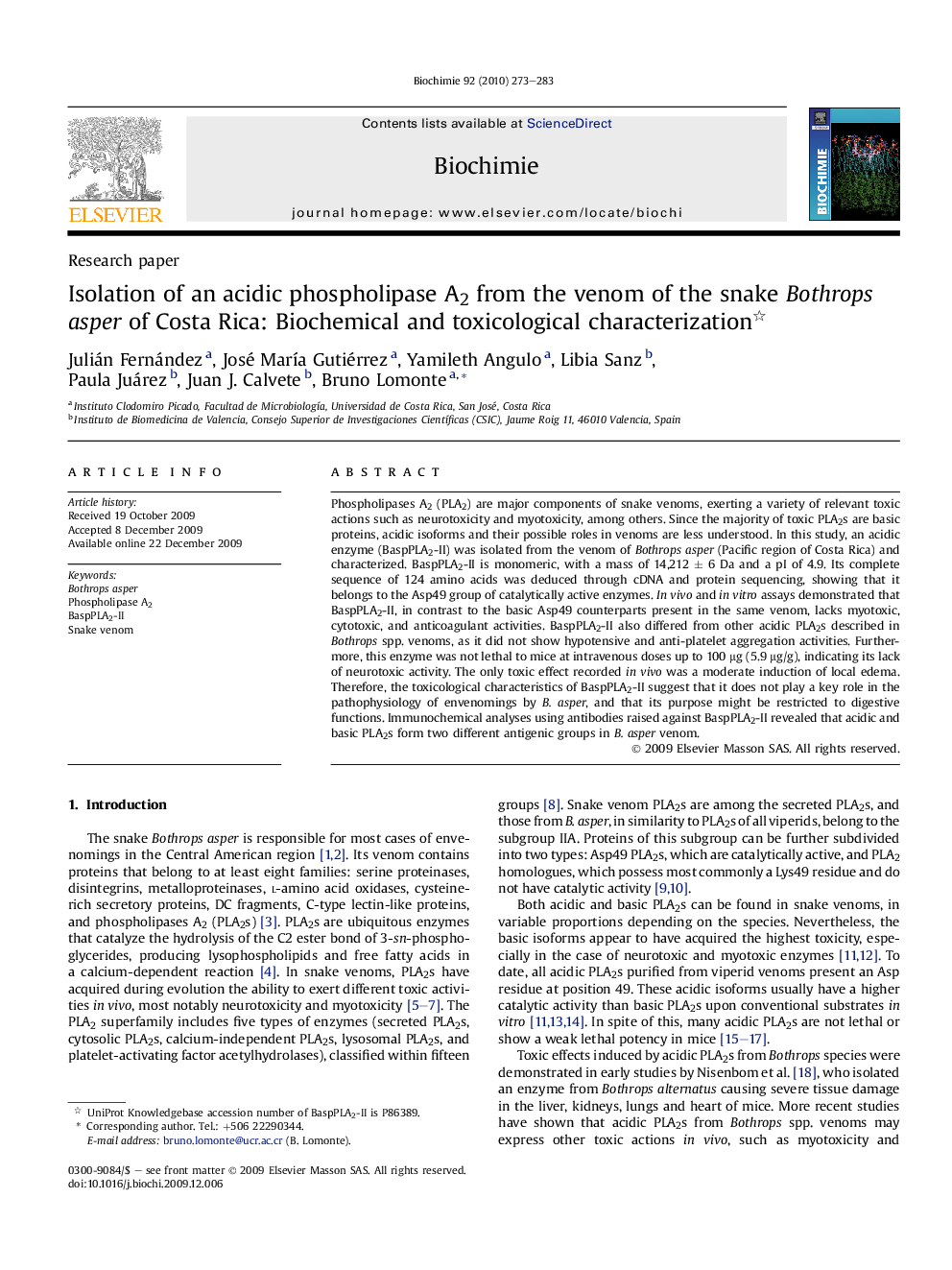 Isolation of an acidic phospholipase A2 from the venom of the snake Bothrops asper of Costa Rica: Biochemical and toxicological characterization 