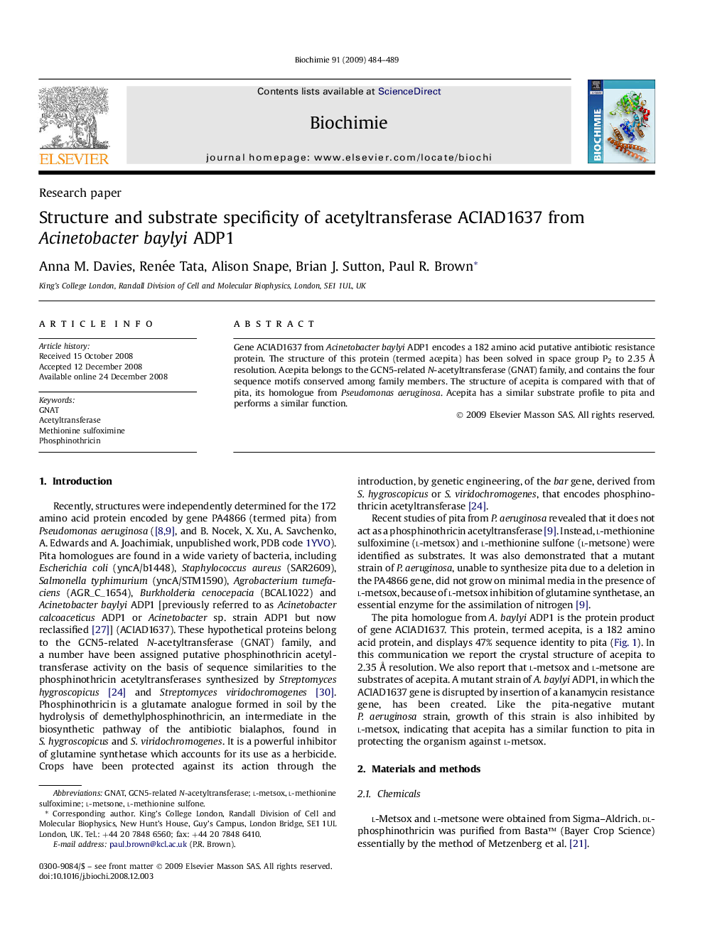 Structure and substrate specificity of acetyltransferase ACIAD1637 from Acinetobacter baylyi ADP1