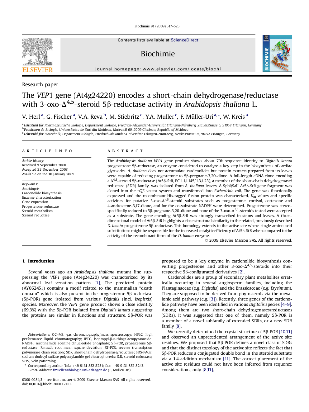 The VEP1 gene (At4g24220) encodes a short-chain dehydrogenase/reductase with 3-oxo-Δ4,5-steroid 5β-reductase activity in Arabidopsis thaliana L.