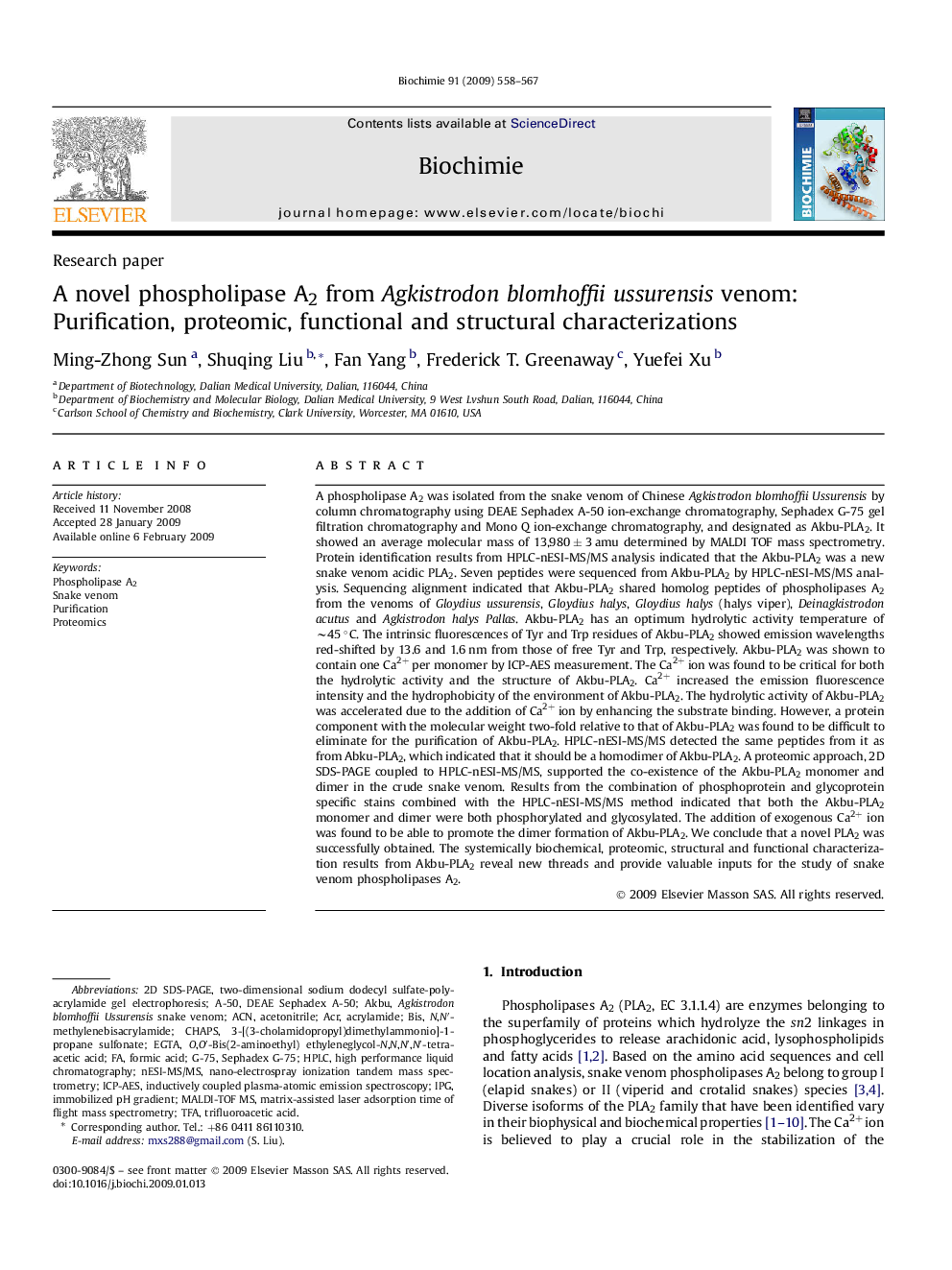 A novel phospholipase A2 from Agkistrodon blomhoffii ussurensis venom: Purification, proteomic, functional and structural characterizations