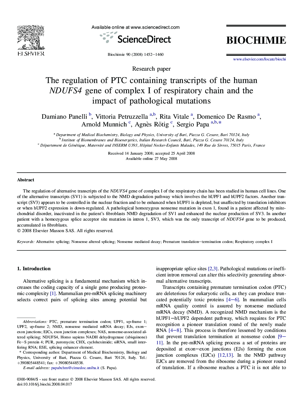 The regulation of PTC containing transcripts of the human NDUFS4 gene of complex I of respiratory chain and the impact of pathological mutations