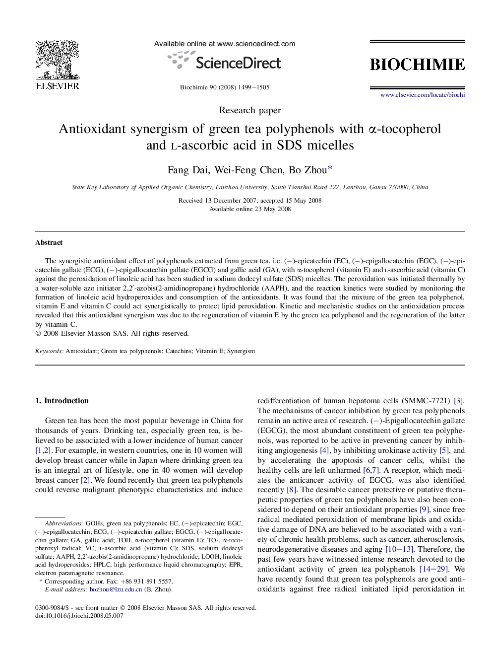 Antioxidant synergism of green tea polyphenols with α-tocopherol and l-ascorbic acid in SDS micelles