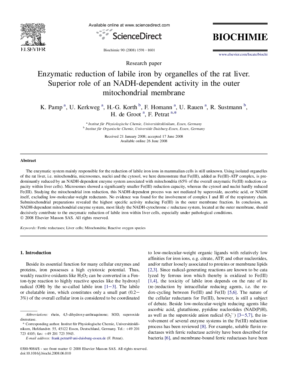 Enzymatic reduction of labile iron by organelles of the rat liver. Superior role of an NADH-dependent activity in the outer mitochondrial membrane